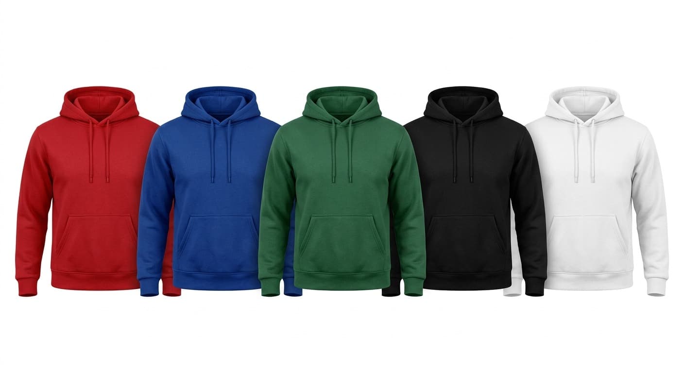 A coordinated collection of hoodies in five team colors.