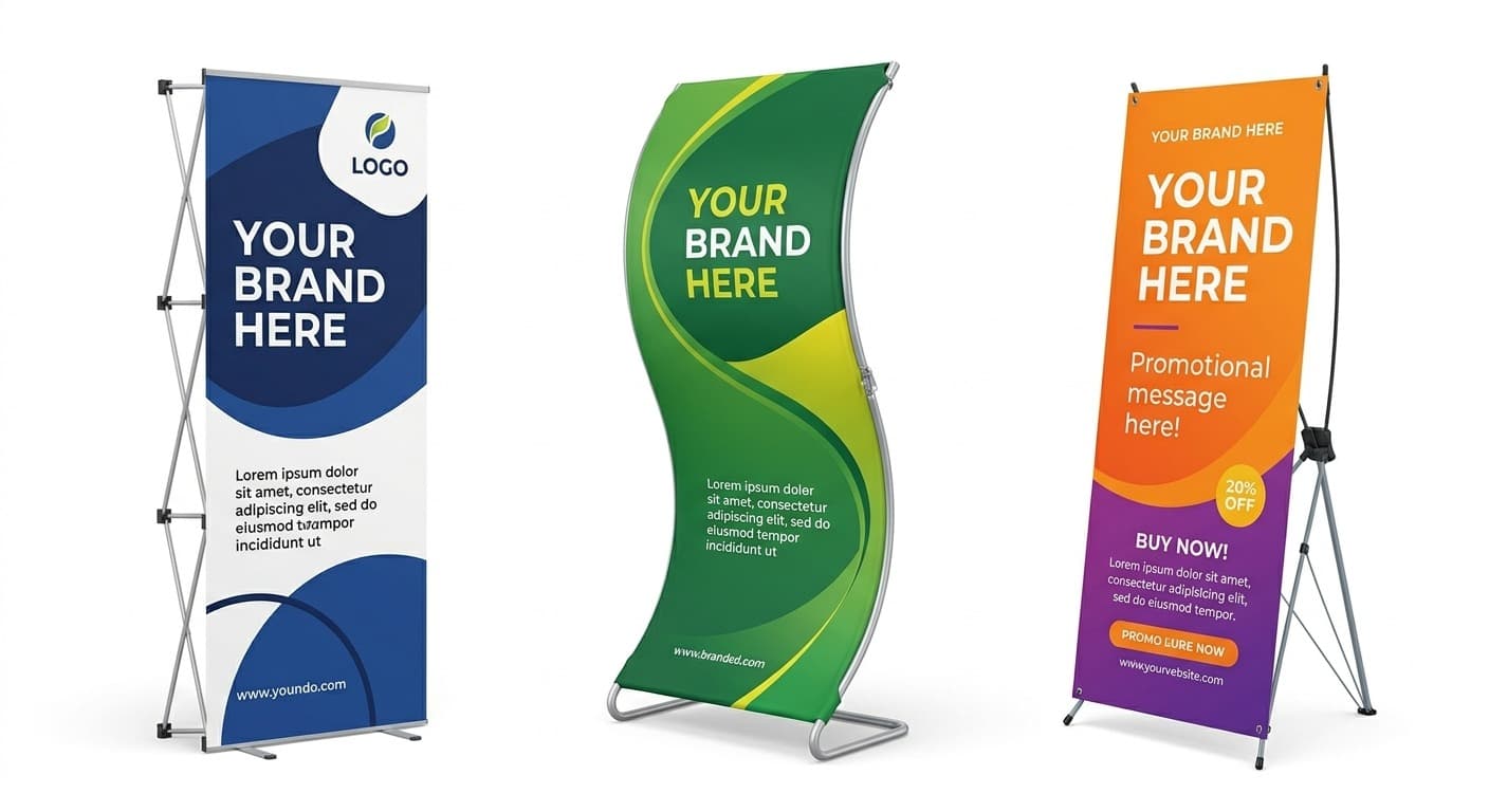 Three branded portable display systems for retail and event environments.