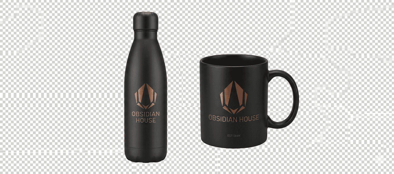 Obsidian House branded bottle and mug gift products.