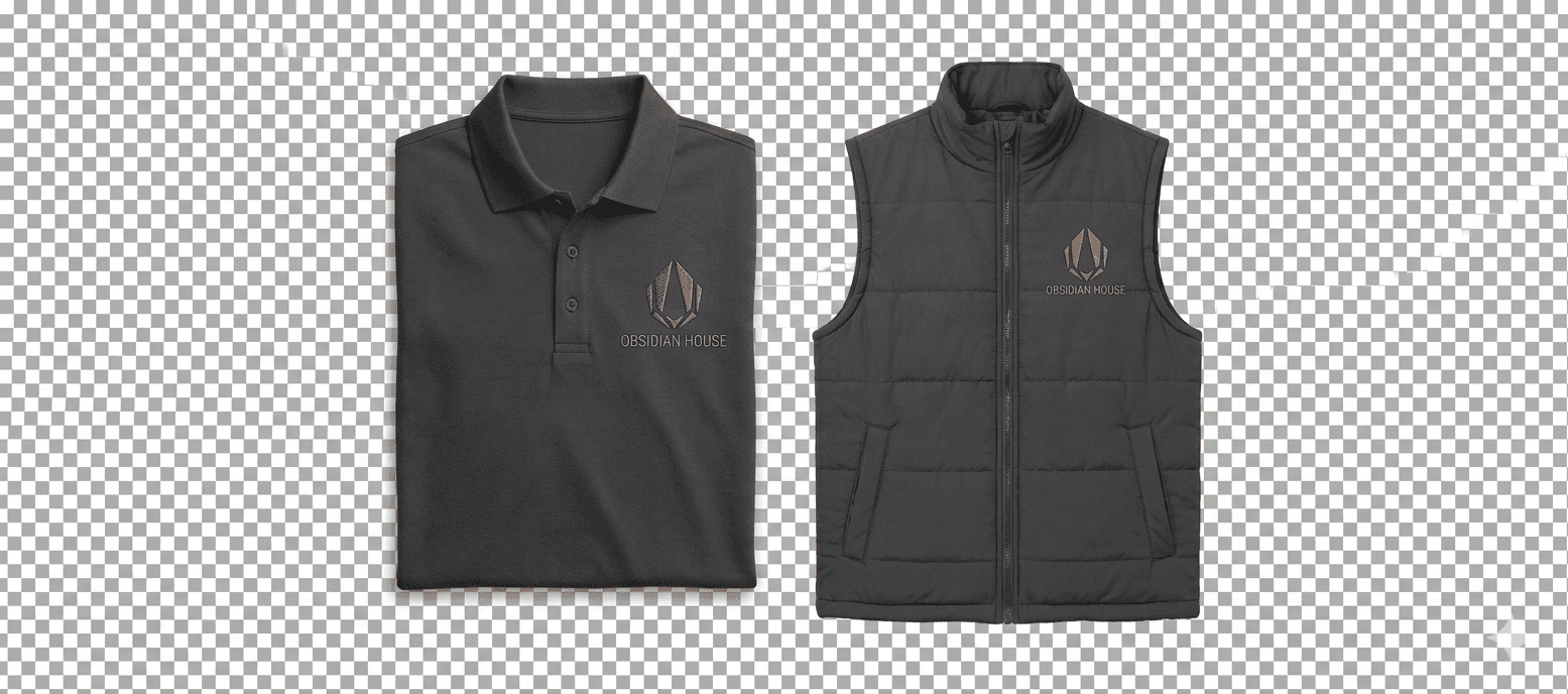 Obsidian House branded apparel pieces.