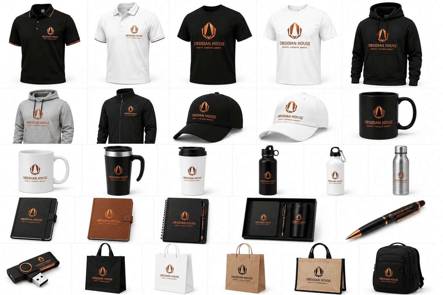 Obsidian House product catalogue displaying branded merchandise, apparel and displays.