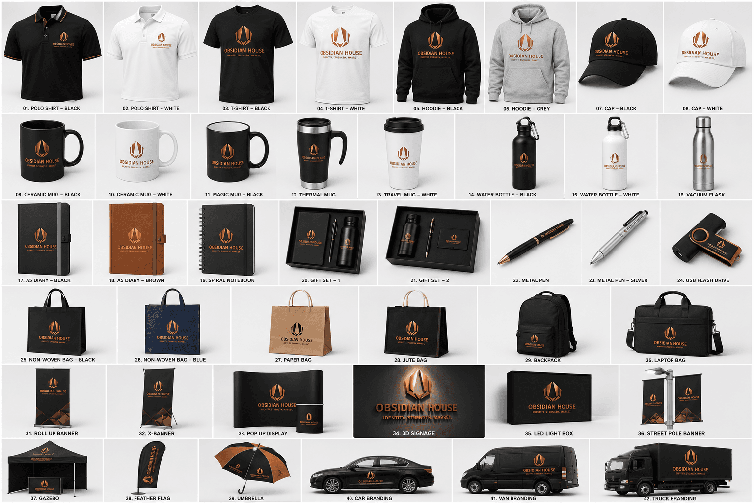 Obsidian House corporate brand touchpoints.