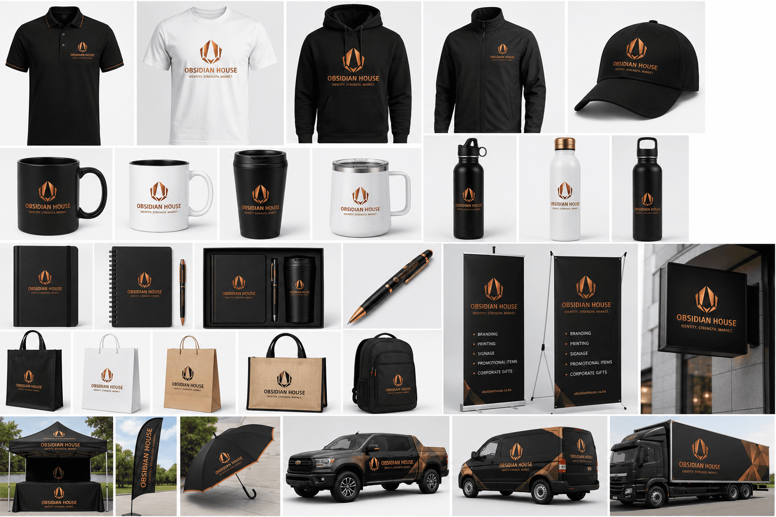 A collection of Obsidian House branded apparel, gifts, signage and vehicle applications.