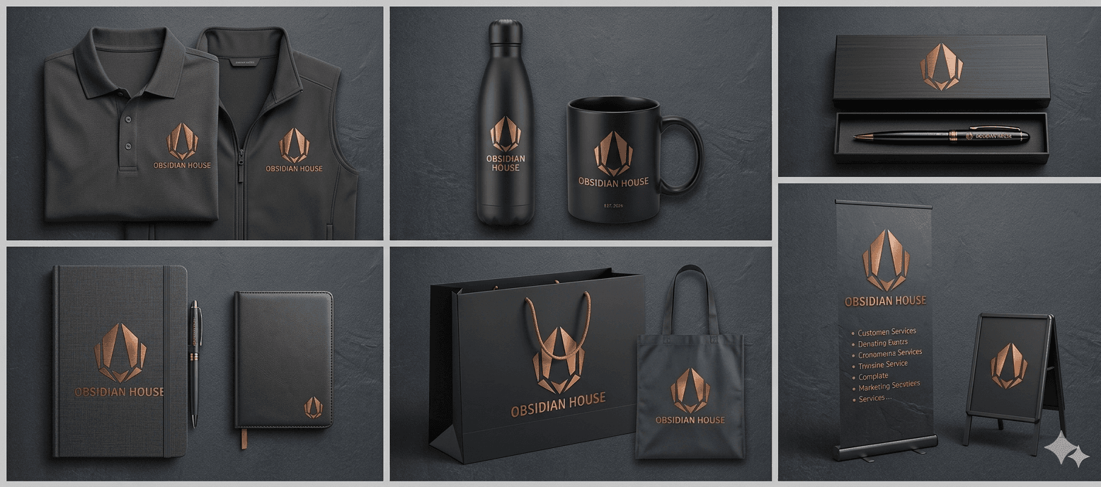 Obsidian House design applications across stationery, gifting and displays.