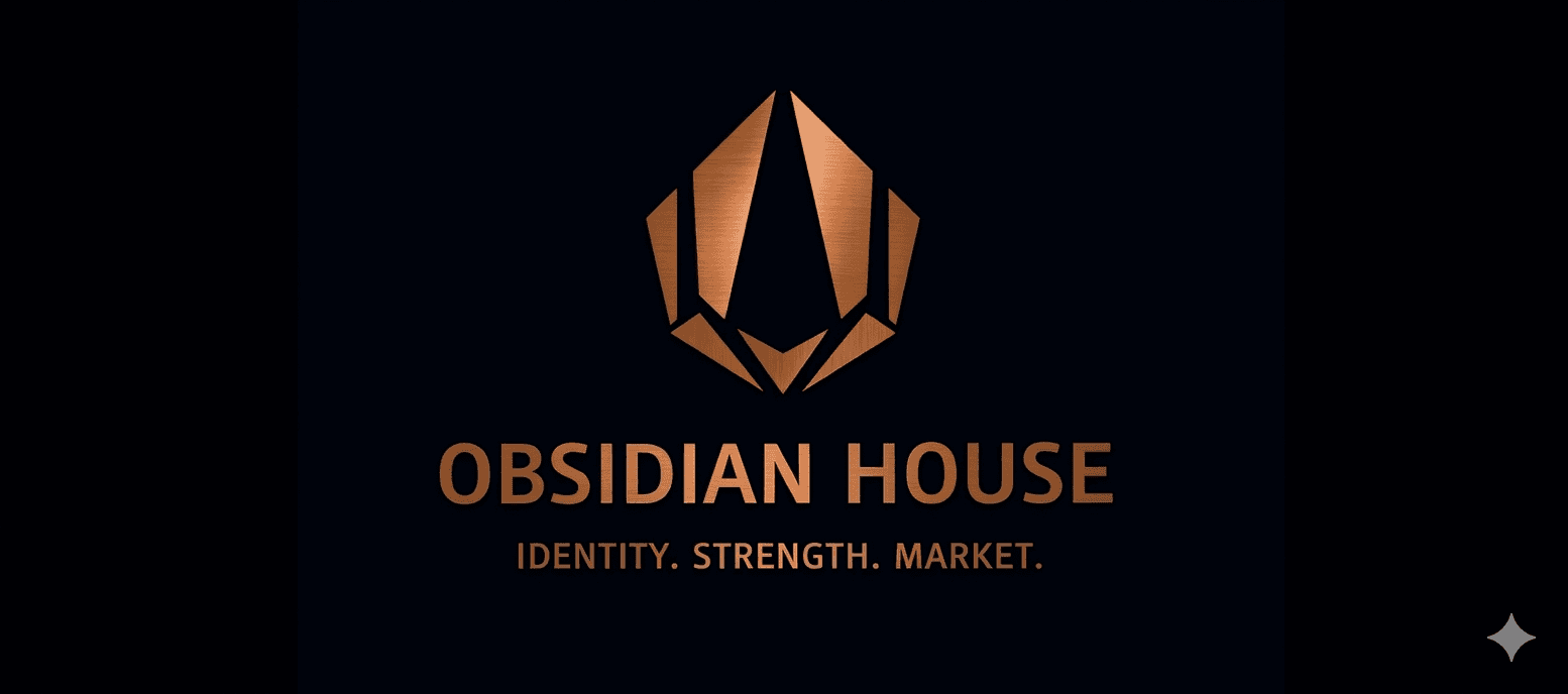 Obsidian House copper wordmark and identity symbol.