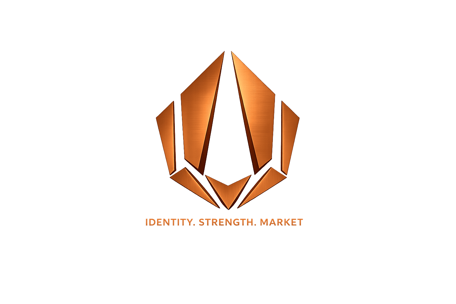 Obsidian House copper identity symbol with the Identity. Strength. Market. tagline.